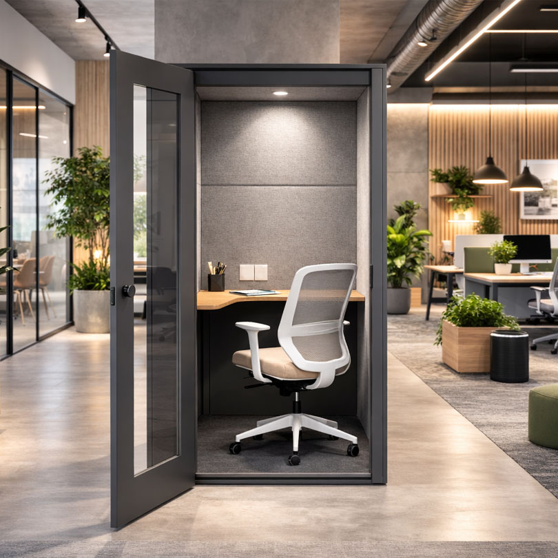 Cabine acústica com plantas em escritório corporativo sustentável