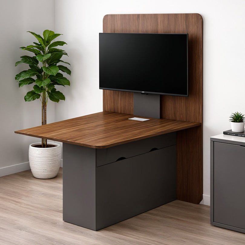 Estação de trabalho com mesa e monitor planejada para projeto corporativo