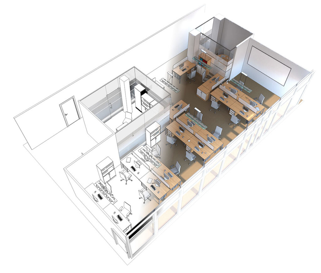Planejamento 3D de layout de escritório corporativo com estações de trabalho