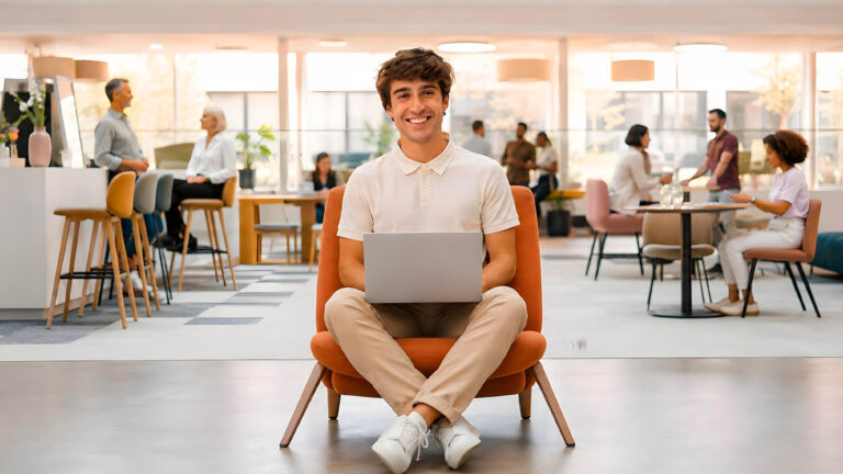 Profissional trabalhando com notebook em ambiente descontraído de escritório híbrido